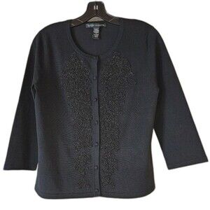 Spense Evening Black Beaded Button Front Silk Blend Dressy Cardigan Sweater